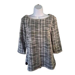 Max Studio Textured Top Black White Plaid  S 3/4 Sleeve Retro Glam Lagenlook
